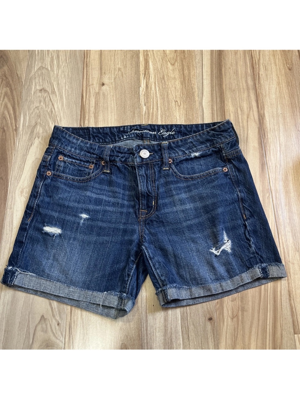 American Eagle Outfitters Dark Blue Distressed Rolled Cuff Jean Shorts
